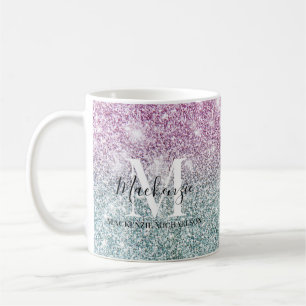 Girly Pink Blue Purple Glitter Monogram Name   Coffee Mug