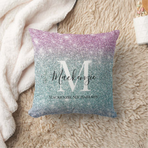 Girly Pink Blue Purple Glitter Monogram Name   Cushion