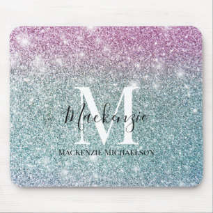 Girly Pink Blue Purple Glitter Monogram Name Mouse Mat