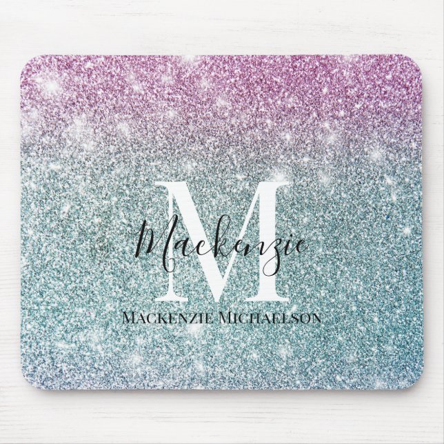 Girly Pink Blue Purple Glitter Monogram Name   Mouse Mat (Front)