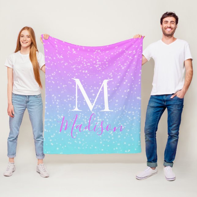 Girly Pink Blue Rainbow Star Glitter Monogram Name Fleece Blanket (In Situ)