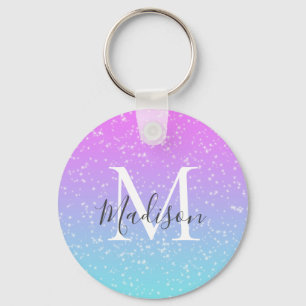 Girly Pink Blue Rainbow Star Glitter Monogram Name Key Ring