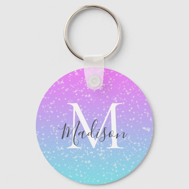 Girly Pink Blue Rainbow Star Glitter Monogram Name Key Ring (Front)