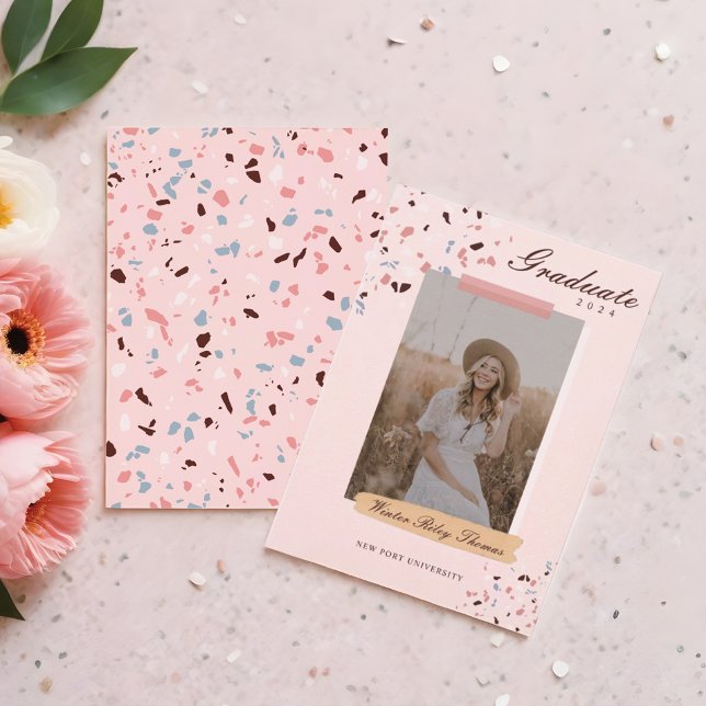 Girly Pink & Blue Terrazzo Photo Graduation Invitation (Girly Pink & Blue Terrazzo Photo Graduation Invitation)