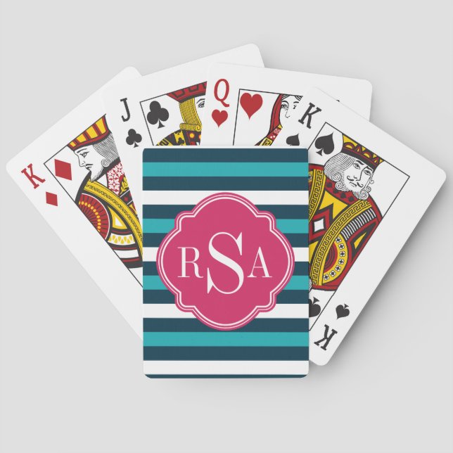 Girly Pink Blue White Striped Pattern Monogram Playing Cards (Back)