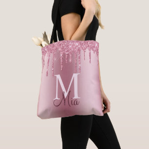 Girly Pink Blush Glitter Drips Monogram Name Tote