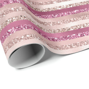 Girly Pink Blush Glitter Glam Stripes Wrapping Paper
