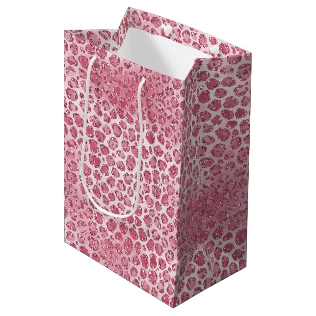 Girly Pink Blush Glitter Leopard Print       Medium Gift Bag (Front Angled)
