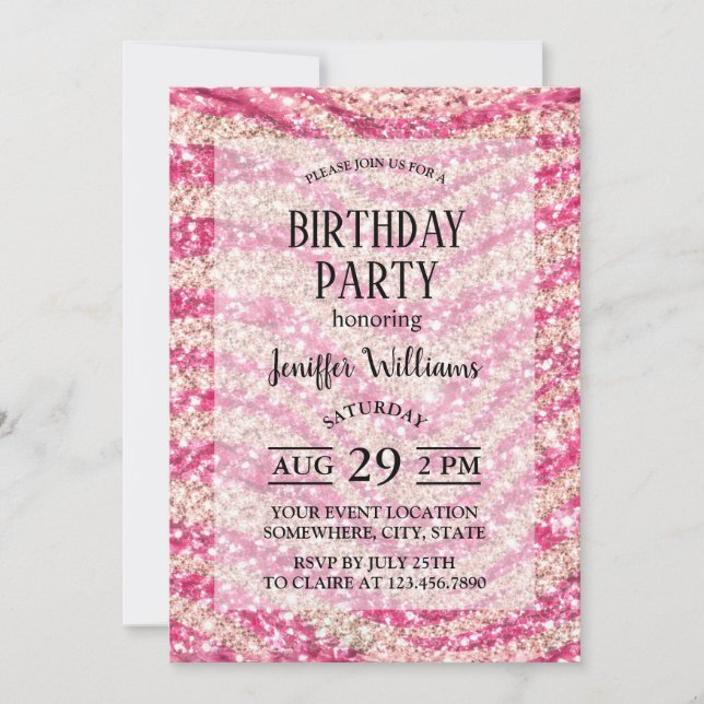 Girly Pink Blush Glitter Zebra Pattern             Invitation (Front)