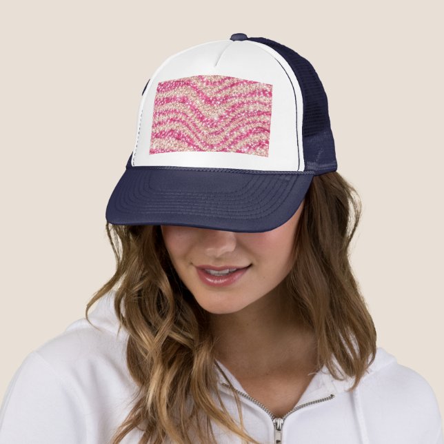 Girly Pink Blush Glitter Zebra Pattern             Trucker Hat (In Situ)