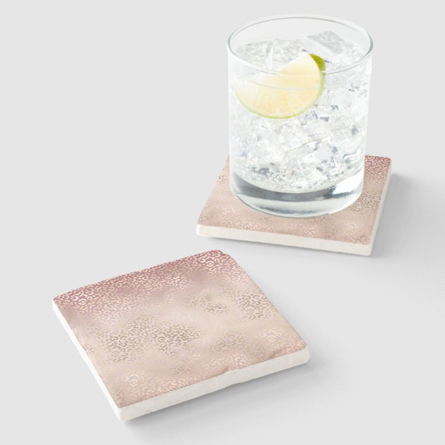 Girly Pink Blush Gold Ombre Leopard Print Stone Coaster (Side)