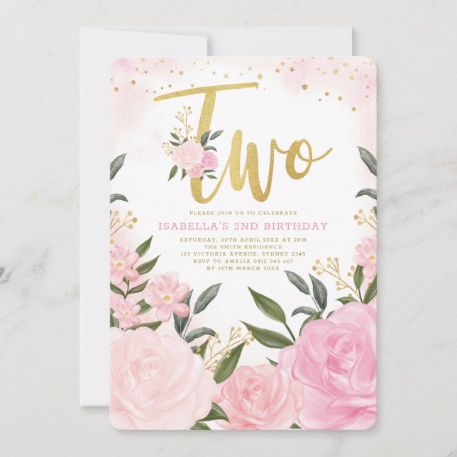 Girly Pink Blush Gold Roses Greenery 2nd Birthday Invitation (Front)