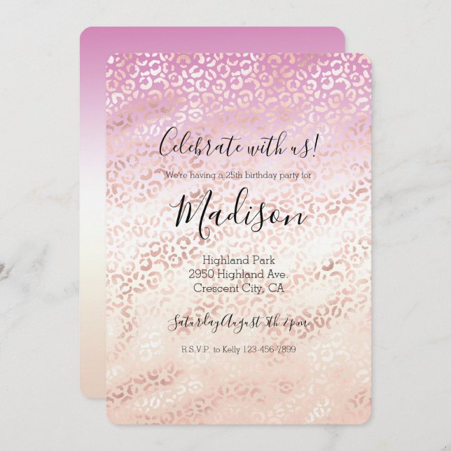 Girly Pink Blush Peach Glam Leopard Print Tie dye Invitation (Front/Back)
