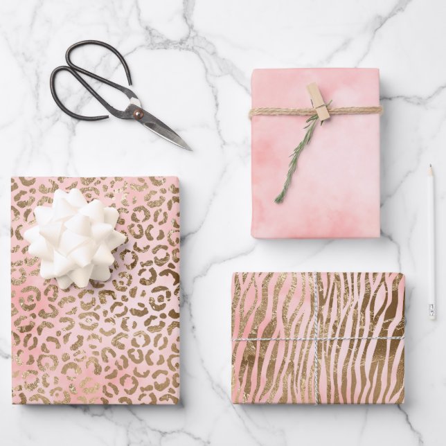 Girly Pink Blush Peach Gold Leopard Print        Wrapping Paper Sheet (Front)