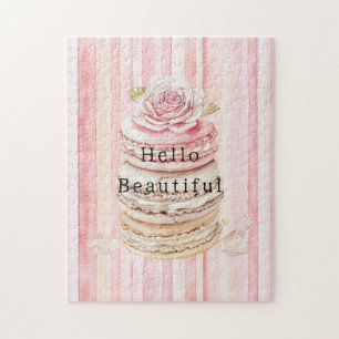 Girly Pink Blush White Stripes Macaroons Jigsaw Puzzle