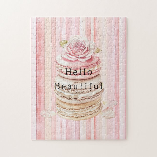 Girly Pink Blush White Stripes Macaroons Jigsaw Puzzle (Vertical)