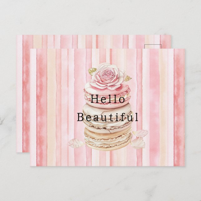 Girly Pink Blush White Stripes Macaroons Postcard (Front/Back)