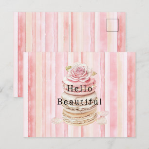 Girly Pink Blush White Stripes Macaroons Postcard