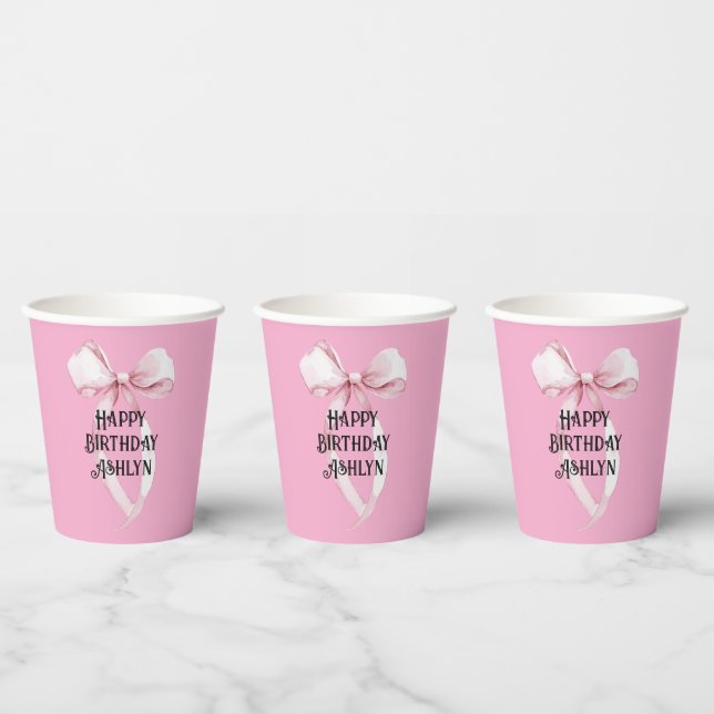 Girly Pink Bow Birthday Paper Cups (Multi)