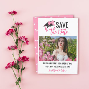 Girly Pink Bow & Cap Graduation Save The Date