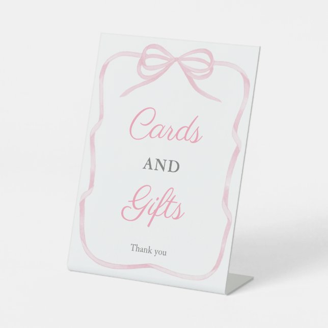 Girly Pink Bow Cards And Gifts 8x10 Baby Shower Pedestal Sign (Front)