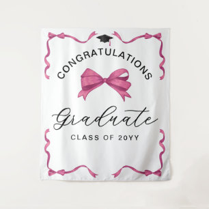 Girly Pink Bow Congrats Graduate Backdrop Tapestry
