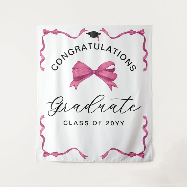 Girly Pink Bow Congrats Graduate Backdrop Tapestry (Front)