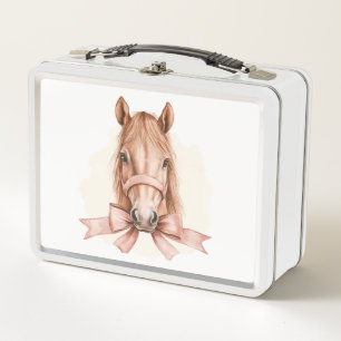 Girly Pink Bow Cute Girls Animal Watercolor Horse Metal Lunch Box