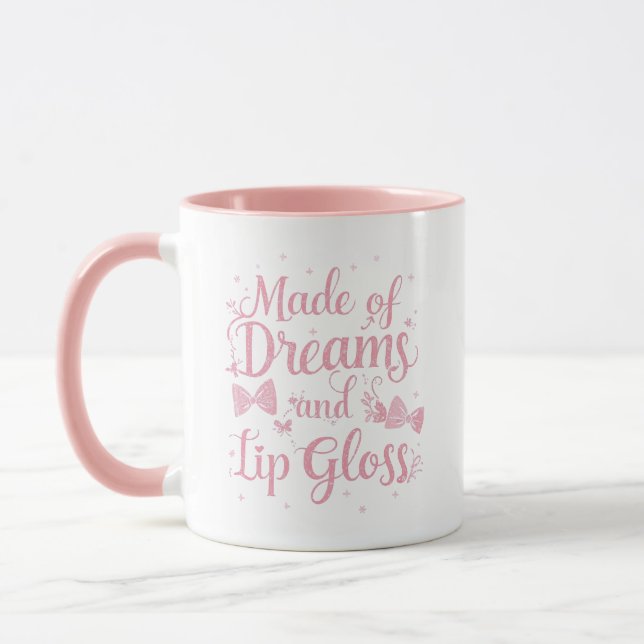 Girly Pink Bow "Dreams and Lip Gloss" Quote Mug (Left)