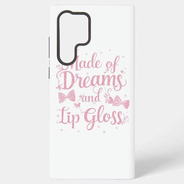 Girly Pink Bow "Dreams and Lip Gloss" Quote Samsung Galaxy S22 Ultra Case (Back)