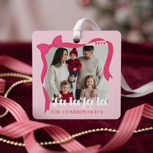 Girly Pink Bow Fa La La Family Photo Christmas Metal Tree Decoration
