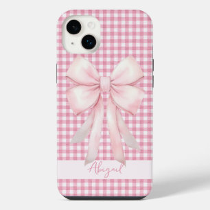 Girly Pink Bow Gingham Plaid Personalised iPhone 14 Plus Case