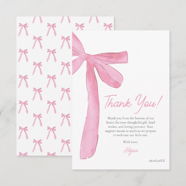 Girly Pink Bow Hand drawn Coquette baby shower  Thank You Card (Front/Back)