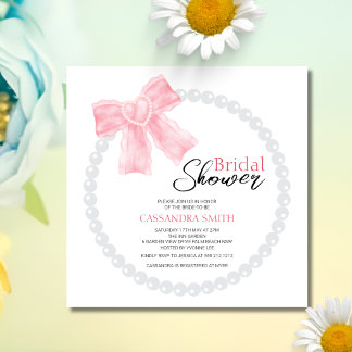 Girly Pink Bow White Circle Pearl Bridal Shower Invitation