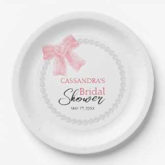 Girly Pink Bow White Circle Pearl Bridal Shower Paper Plate