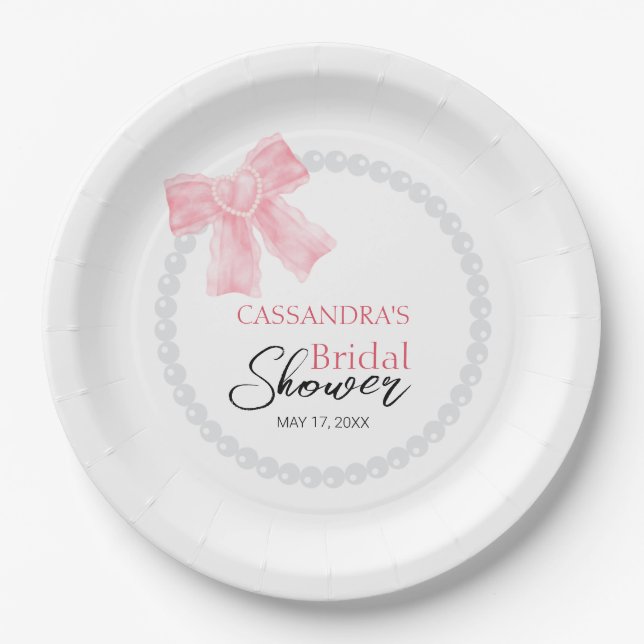 Girly Pink Bow White Circle Pearl Bridal Shower  Paper Plate (Front)