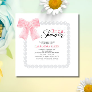 Girly Pink Bow White Pearl Bridal Shower Invitation