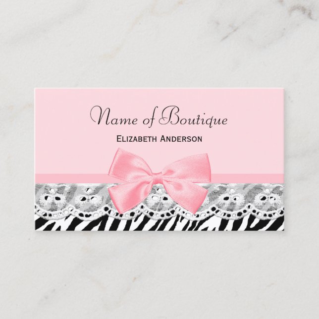 Girly Pink Bows and Lace Zebra Print Boutique Business Card (Front)