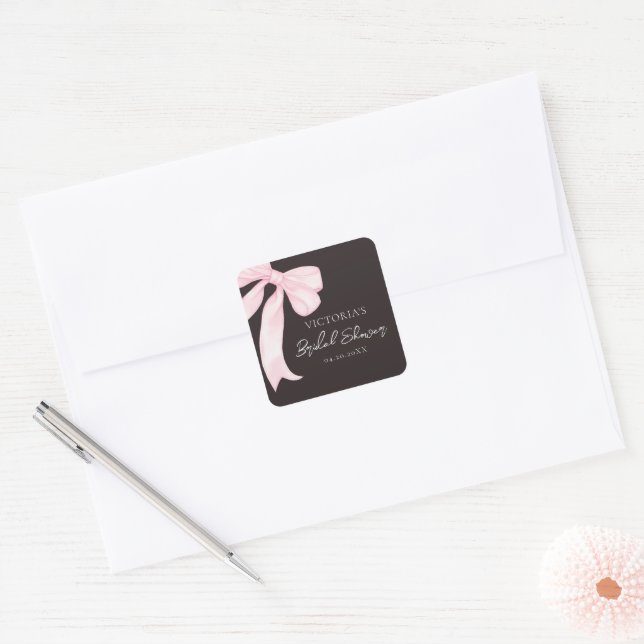 Girly Pink Bows Elegant Bridal Shower Square Sticker (Envelope)