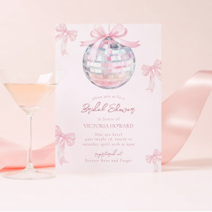 Girly Pink Bows Shiny Disco Ball Bridal Shower Invitation