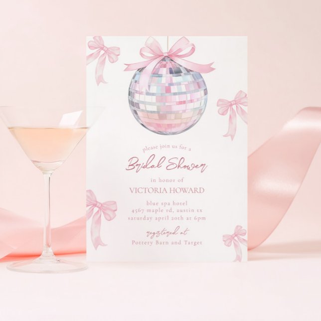 Girly Pink Bows Shiny Disco Ball Bridal Shower Invitation (Creator Uploaded)