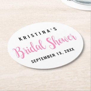 Girly Pink Bridal Shower Typography Wedding Round Paper Coaster