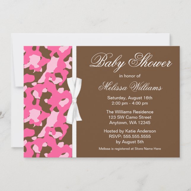 Girly Pink Brown Camo Ribbon Baby Shower Invitation (Front)