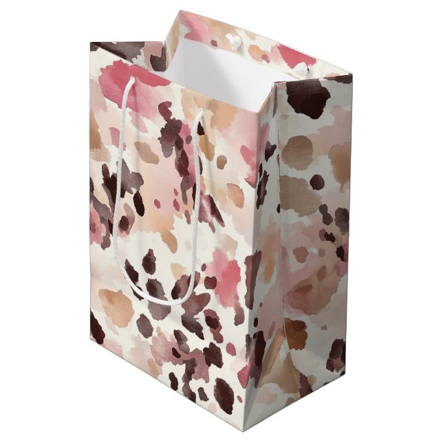 Girly Pink Brown Cream Leopard Animal Birthday Medium Gift Bag (Front Angled)