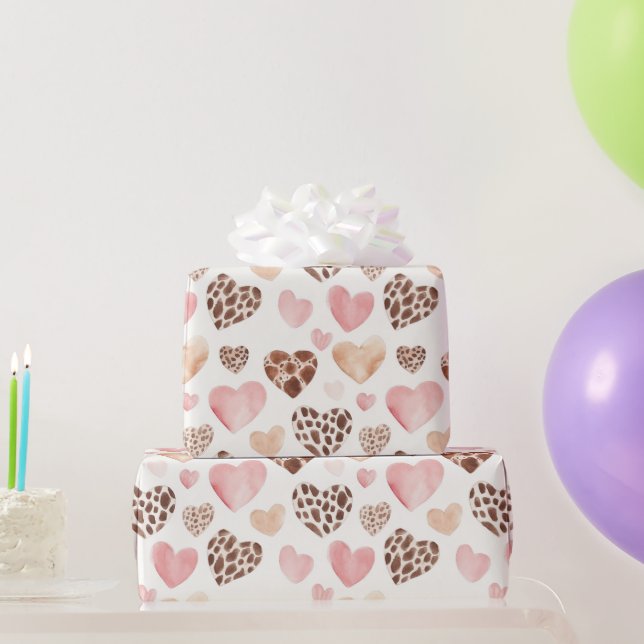 Girly Pink Brown Cream Leopard Animal Hearts Wrapping Paper (Party Gifts)