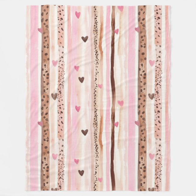 Girly Pink Brown Leopard Print Hearts Stripes Fleece Blanket (Front)