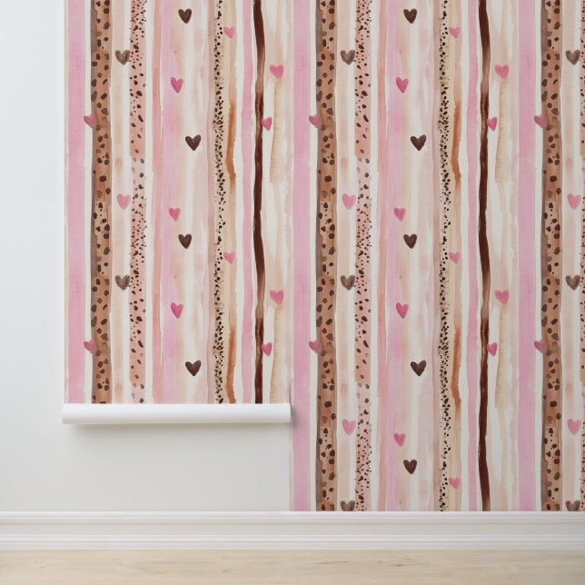 Girly Pink Brown Leopard Print Hearts Stripes Wallpaper (Application)