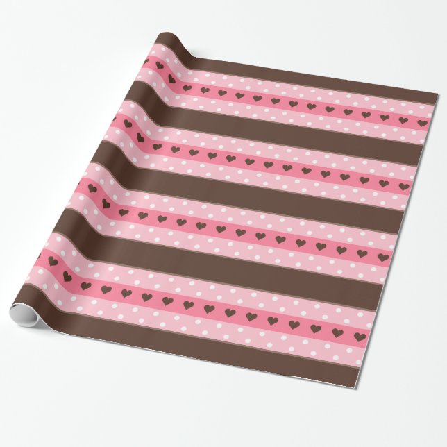 Girly Pink & Brown Stripes and Polka Dots Pattern Wrapping Paper (Unrolled)