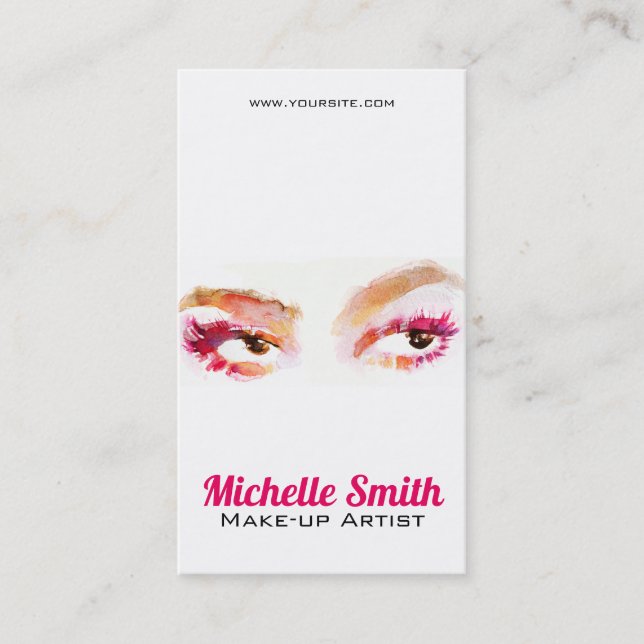 Girly Pink Brown Watercolor Eye Makeup Artist Business Card (Front)