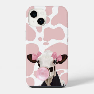 Girly Pink Bubblegum Blowing Cow Lovers iPhone 14 Case